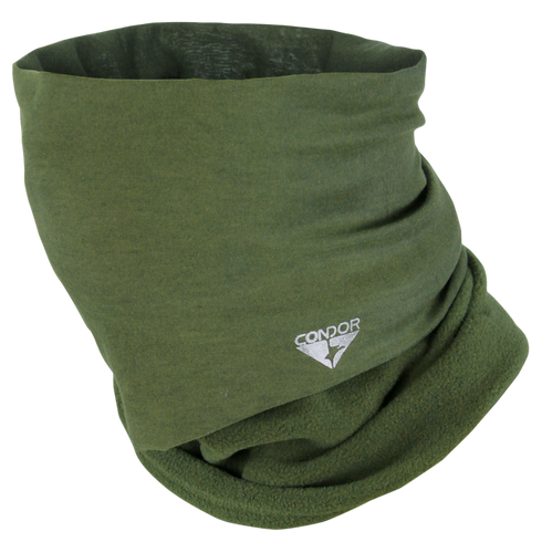 The Condor Fleece Multi Wrap in olive green features the white Condor logo on the front, ideal for tactical missions, military, or law enforcement use.