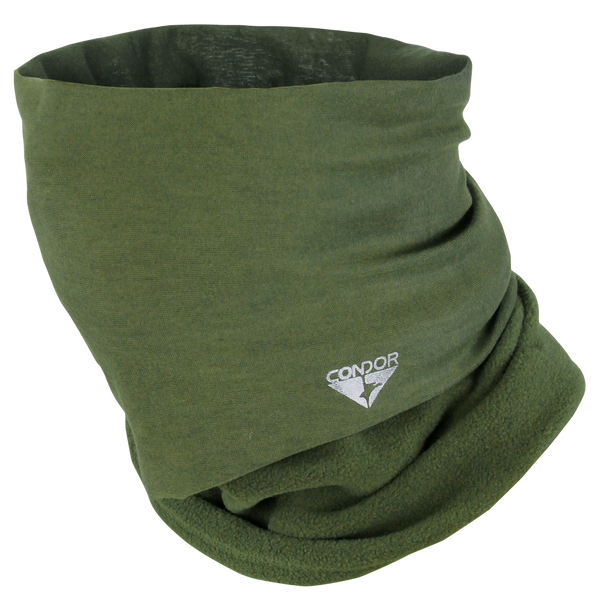The Condor Fleece Multi Wrap in olive green features the white Condor logo on the front, ideal for tactical missions, military, or law enforcement use.