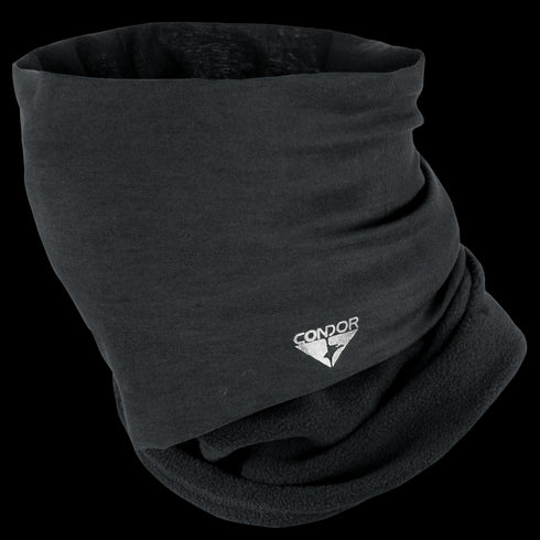 The Condor Fleece Multi Wrap is a black neck gaiter featuring a small white Condor logo on the front, designed for military and law enforcement use, shown against a transparent background.
