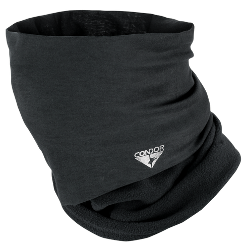 The Condor Fleece Multi Wrap is a black neck gaiter featuring a small white Condor logo on the front, designed for military and law enforcement use, shown against a transparent background.