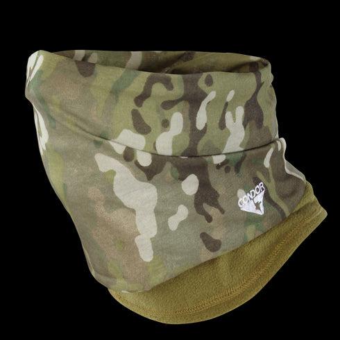 The Condor Fleece Multi Wrap in MultiCam features a camouflage design and fleece lining along the bottom edge.