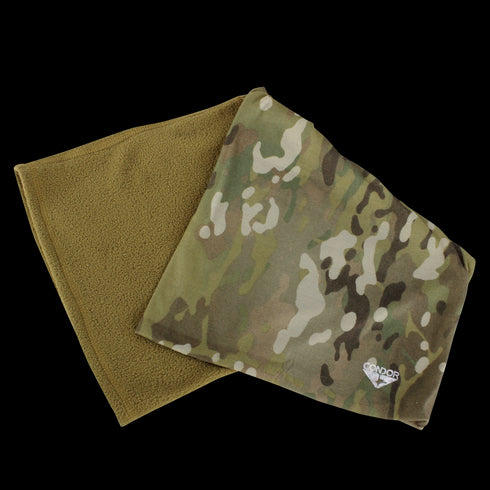 The Condor Fleece Multi Wrap - MultiCam features a solid olive side and a camouflage side, plus a small embroidered logo.