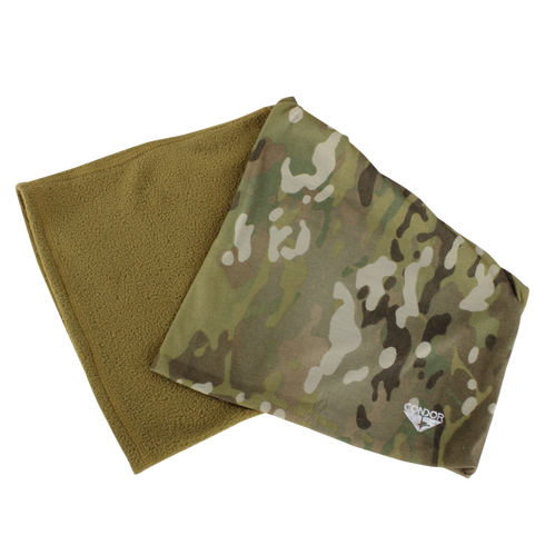 The Condor Fleece Multi Wrap - MultiCam features a solid olive side and a camouflage side, plus a small embroidered logo.