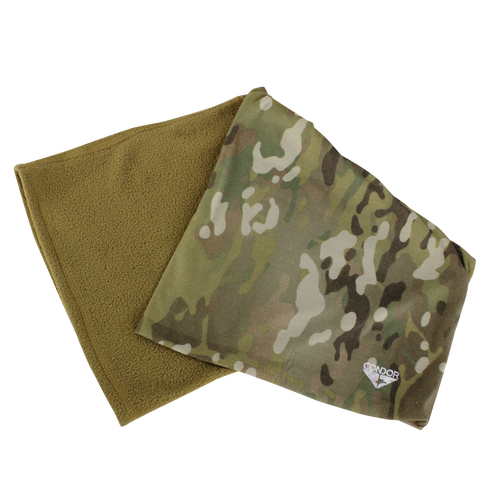 The Condor Fleece Multi Wrap - MultiCam features a solid olive side and a camouflage side, plus a small embroidered logo.
