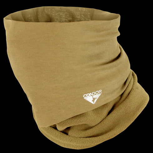 The Condor Fleece Multi Wrap features a tan, soft fleece fabric with the Condor logo in white on the front. Its slightly gathered design is perfect for tactical use by military and law enforcement professionals.