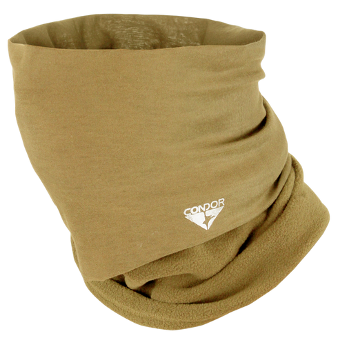 The Condor Fleece Multi Wrap features a tan, soft fleece fabric with the Condor logo in white on the front. Its slightly gathered design is perfect for tactical use by military and law enforcement professionals.