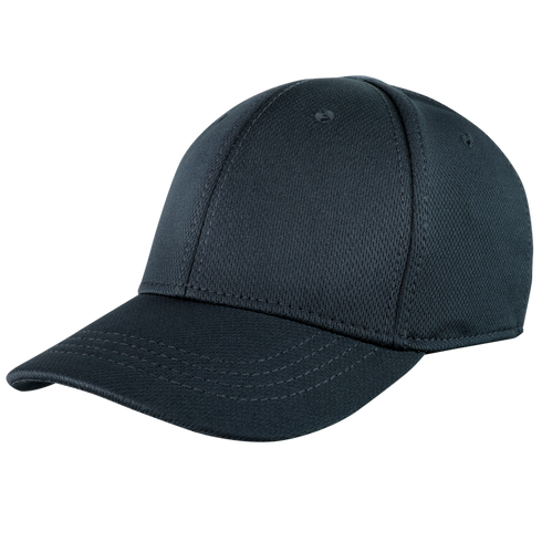 The Condor Flex Team Cap in navy features visible stitching, a curved brim, and a stretchable sweatband, displayed against a transparent background.