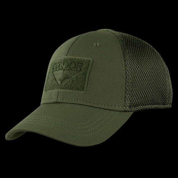 The Condor Flex Tactical Mesh Cap is an olive green trucker hat with a curved brim and front rectangular patch, inspired by classic military style.