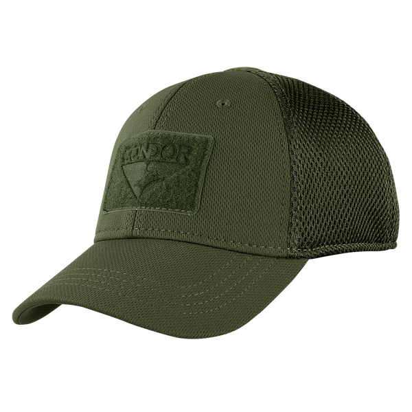 The Condor Flex Tactical Mesh Cap is an olive green trucker hat with a curved brim and front rectangular patch, inspired by classic military style.
