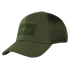 The Condor Flex Tactical Mesh Cap is an olive green trucker hat with a curved brim and front rectangular patch, inspired by classic military style.