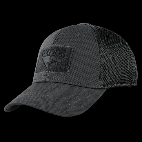 The Condor Flex Tactical Mesh Cap is a dark grey mesh-back trucker cap with a curved brim and Velcro front patch—perfect for showing First Responder pride.