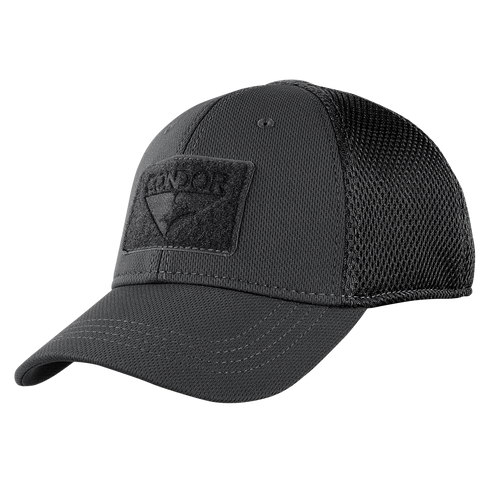 The Condor Flex Tactical Mesh Cap is a dark grey mesh-back trucker cap with a curved brim and Velcro front patch—perfect for showing First Responder pride.