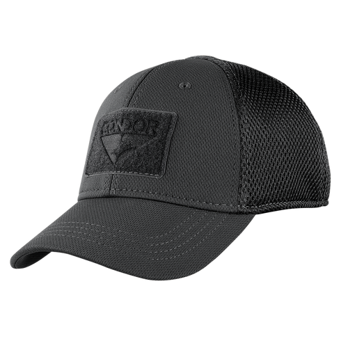 The Condor Flex Tactical Mesh Cap is a dark grey mesh-back trucker cap with a curved brim and Velcro front patch—perfect for showing First Responder pride.