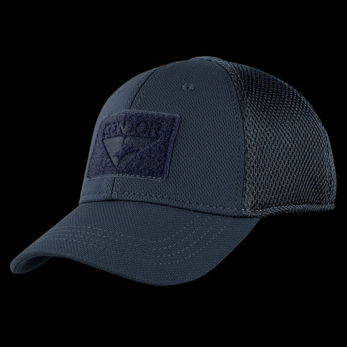 The Condor Flex Tactical Mesh Cap features a dark blue design, curved brim, mesh back panels, and a rectangular embossed patch—ideal for law enforcement professionals or first responders seeking reliable style.