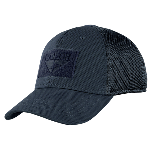 The Condor Flex Tactical Mesh Cap features a dark blue design, curved brim, mesh back panels, and a rectangular embossed patch—ideal for law enforcement professionals or first responders seeking reliable style.