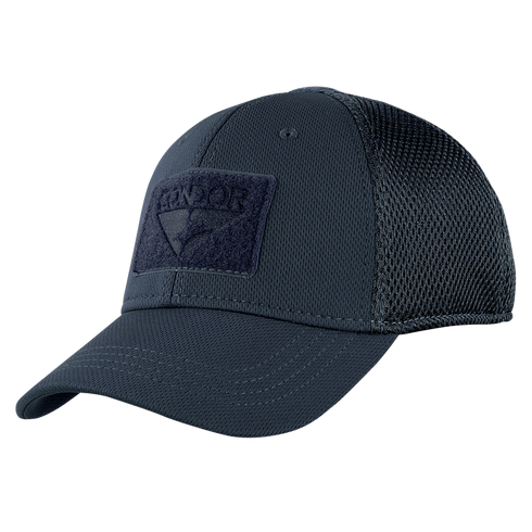 The Condor Flex Tactical Mesh Cap features a dark blue design, curved brim, mesh back panels, and a rectangular embossed patch—ideal for law enforcement professionals or first responders seeking reliable style.