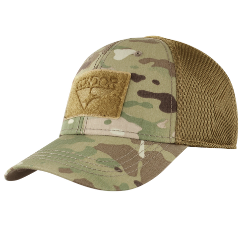 Image of the front of a tactical cap in multicam