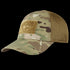 Image of the front of a tactical cap in multicam