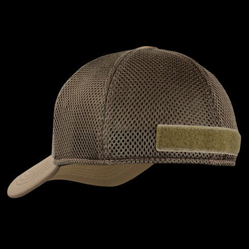 Condor Flex Tactical Mesh Cap, brown with side Velcro patch, ideal for military or shooting range use; left-side view shown.