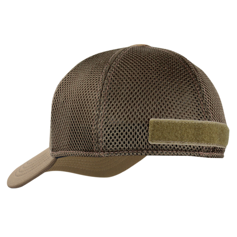 Condor Flex Tactical Mesh Cap, brown with side Velcro patch, ideal for military or shooting range use; left-side view shown.