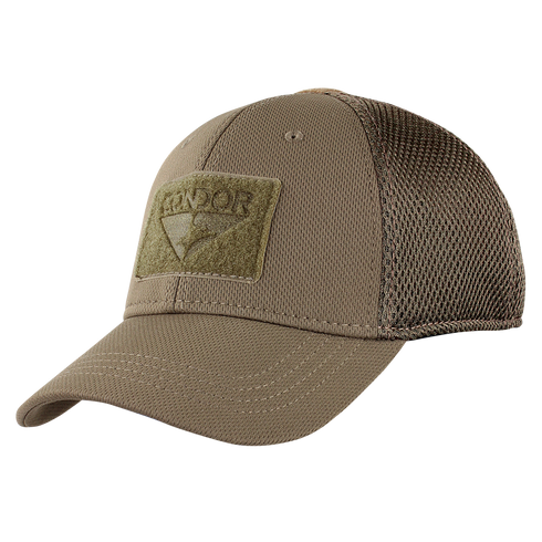 The Condor Flex Tactical Mesh Cap is a tan trucker hat with a curved brim and front Velcro patch, ideal for EDC or range days. Shown here at an angle.