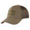 The Condor Flex Tactical Mesh Cap is a tan trucker hat with a curved brim and front Velcro patch, ideal for EDC or range days. Shown here at an angle.