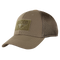 The Condor Flex Tactical Mesh Cap is a tan trucker hat with a curved brim and front Velcro patch, ideal for EDC or range days. Shown here at an angle.