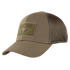 The Condor Flex Tactical Mesh Cap is a tan trucker hat with a curved brim and front Velcro patch, ideal for EDC or range days. Shown here at an angle.