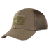 The Condor Flex Tactical Mesh Cap is a tan trucker hat with a curved brim and front Velcro patch, ideal for EDC or range days. Shown here at an angle.