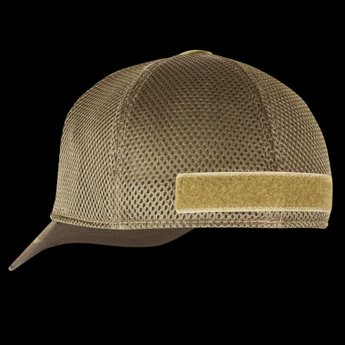 The Condor Flex Tactical Mesh Cap - Scorpion OCP is a brown mesh baseball cap featuring a curved brim and a rectangular beige Velcro patch on the side.