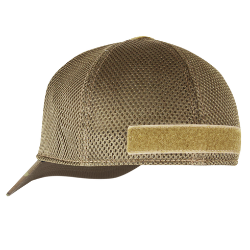 The Condor Flex Tactical Mesh Cap - Scorpion OCP is a brown mesh baseball cap featuring a curved brim and a rectangular beige Velcro patch on the side.