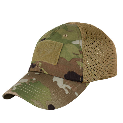The Condor Flex Tactical Mesh Cap in MultiCam features a curved brim, mesh back, and front velcro patch, displayed on a plain white background.