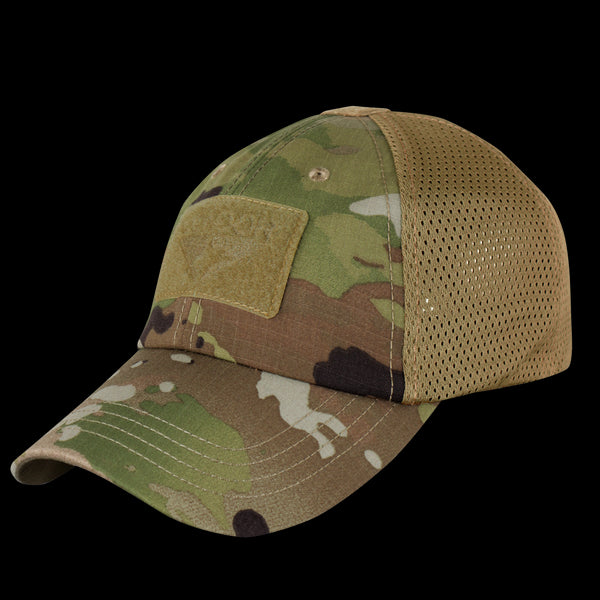 The Condor Flex Tactical Mesh Cap in Scorpion OCP features a curved brim, mesh back panels, and a Velcro patch on the front.