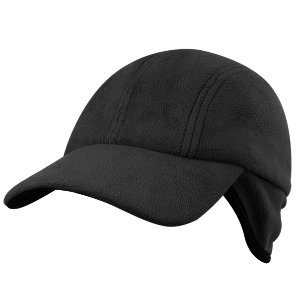 The Condor Yukon Fleece Cap in black, featuring ear flaps, is shown against a plain white background.