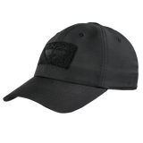The Condor Cool Mesh Tactical Cap is a black cap with a curved brim and rectangular Velcro patch on the front, ideal for law enforcement or first responders.