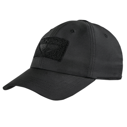 The Condor Cool Mesh Tactical Cap is a black cap with a curved brim and rectangular Velcro patch on the front, ideal for law enforcement or first responders.