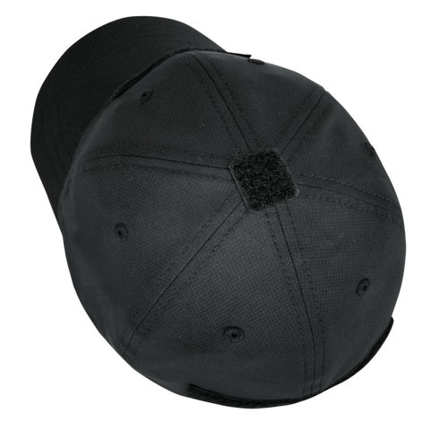 The Condor Cool Mesh Tactical Cap in black is viewed from above, highlighting its stitching, ventilation holes, and velcro patch on top.