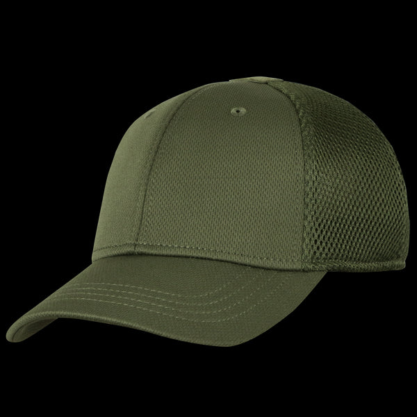 The Condor Flex Team Mesh Cap in olive green features a curved brim and mesh back panels, shown against a white background.