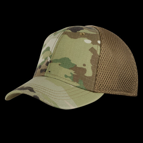 The Condor Flex Team Mesh Cap in Scorpion OCP features a green, brown, and tan camouflage pattern with a brown mesh back panel.
