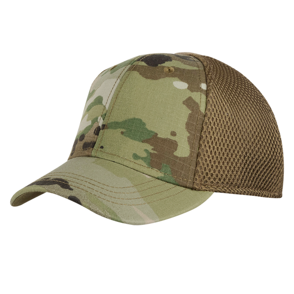 The Condor Flex Team Mesh Cap in Scorpion OCP features a green, brown, and tan camouflage pattern with a brown mesh back panel.