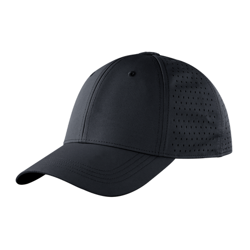 A black baseball cap with a curved brim and perforated side panels, shown against a plain white background.