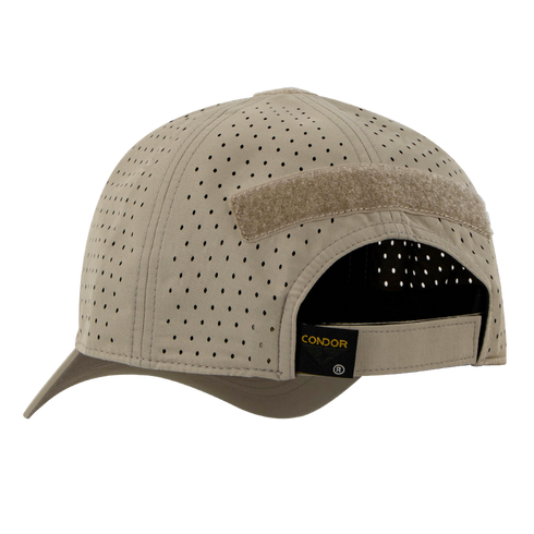 A tan, perforated baseball cap with a Velcro patch on the back and the brand label Condor visible near the adjustable strap.