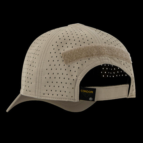 The Condor HydroFit Team Mesh Cap is a beige ventilated baseball cap with a hook and loop patch on the back, ideal for tactical use, and features the Condor logo label near the adjustable strap.