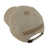 A tan baseball cap with ventilation holes, velcro patches on the top and back, and an adjustable strap.