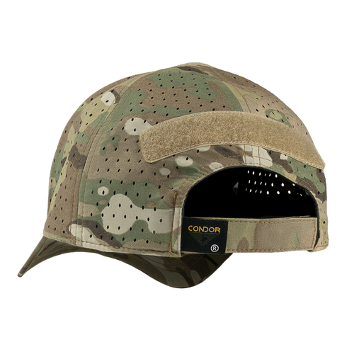 The Condor HydroFit Team Mesh Cap in MultiCam features a camouflage pattern, ventilation holes, velcro patches, and a black Condor brand label above the adjustable strap.