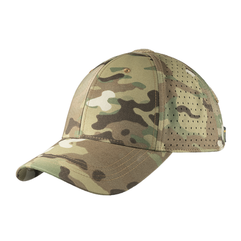A Condor HydroFit Team Mesh Cap in MultiCam color, featuring a camouflage pattern with ventilation holes on the sides, displayed against a plain white background.
