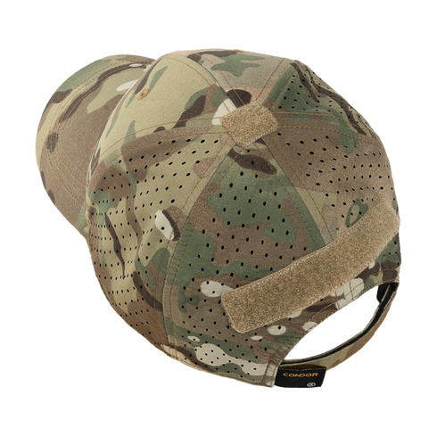 The Condor HydroFit Team Mesh Cap - MultiCam features ventilation holes, hook-and-loop patches, and an adjustable strap at the back.