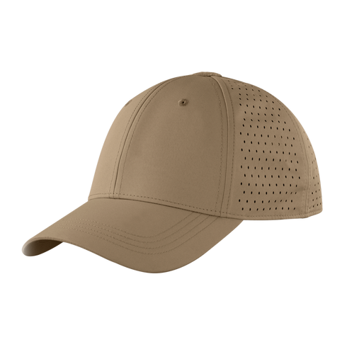 A tan baseball cap with a curved brim and small ventilation holes on the side panels, shown on a plain white background.