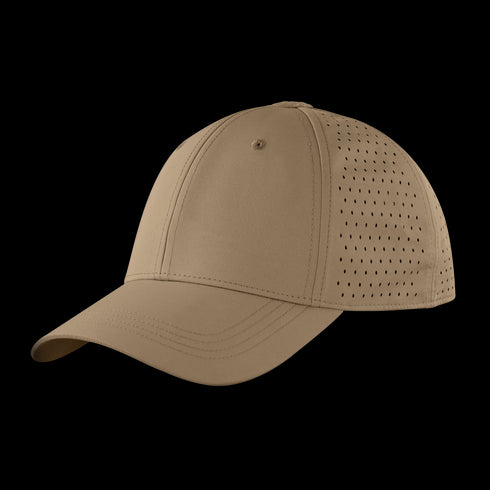 The Condor HydroFit Team Mesh Cap is a tan baseball cap with a curved visor and mesh side panels for ventilation, designed for Military or First Responder use, shown on a white background.