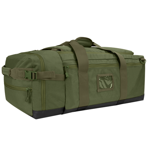 The Condor Colossus Duffle Bag 60L in Olive Drab features side pockets, handles, and a clear ID window, shown against a white background.